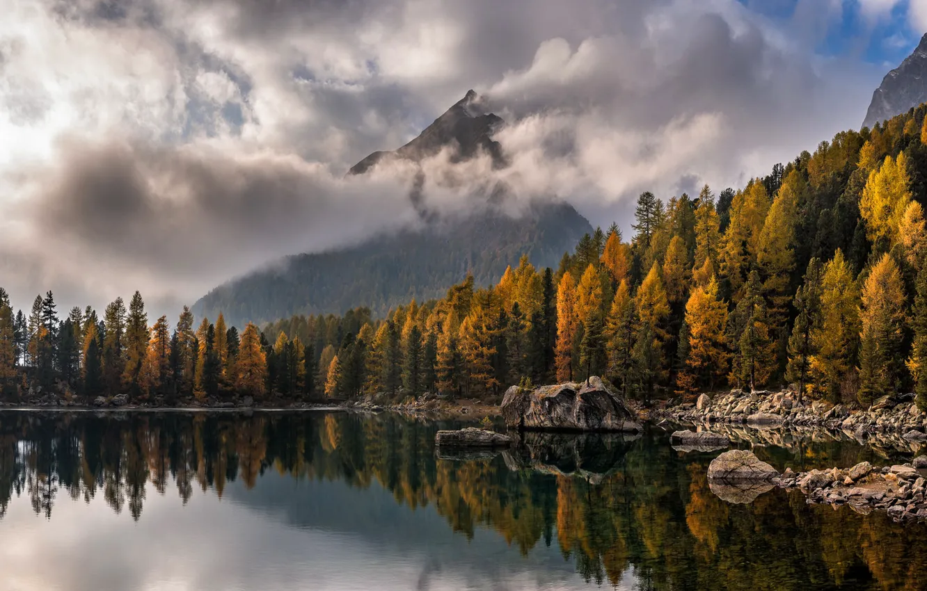 Photo wallpaper autumn, forest, the sky, clouds, mountains, nature, lake, reflection