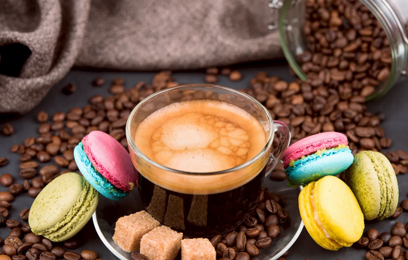 Photo wallpaper coffee, cookies, coffee beans, cup, coffee, pasta, macarons, Aromatic