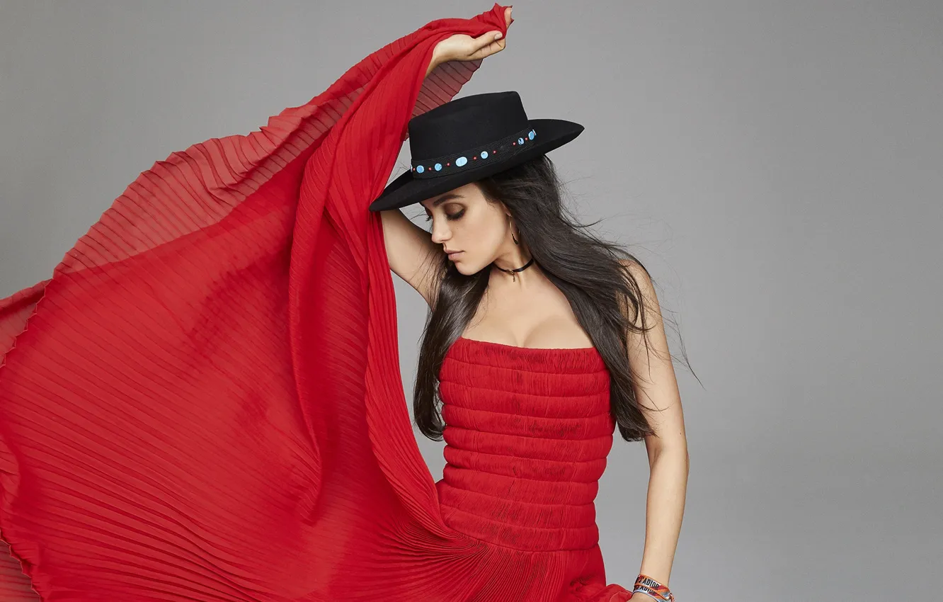 Photo wallpaper hat, actress, red dress, Mila Kunis