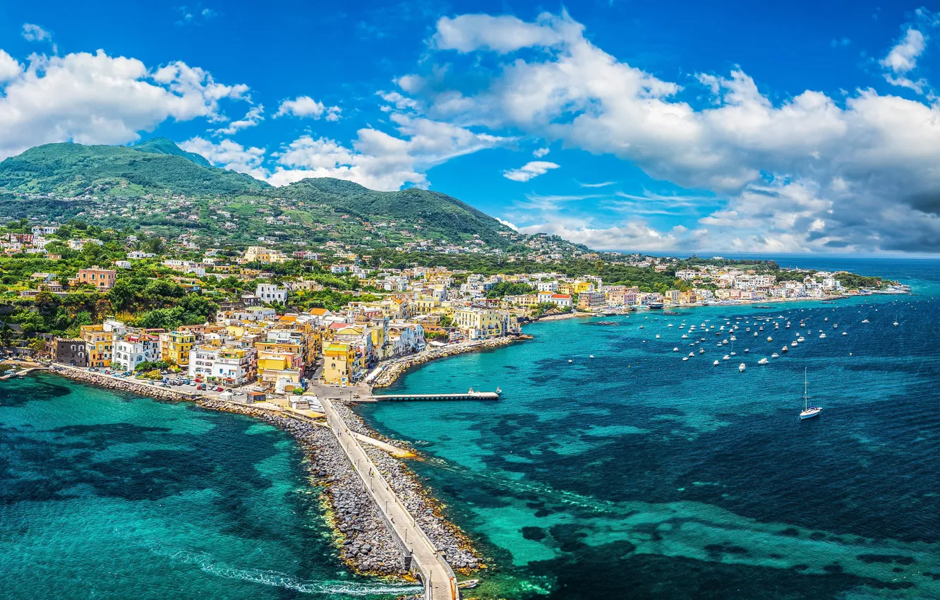 Photo wallpaper sea, home, yacht, Italy, panorama, Ischia