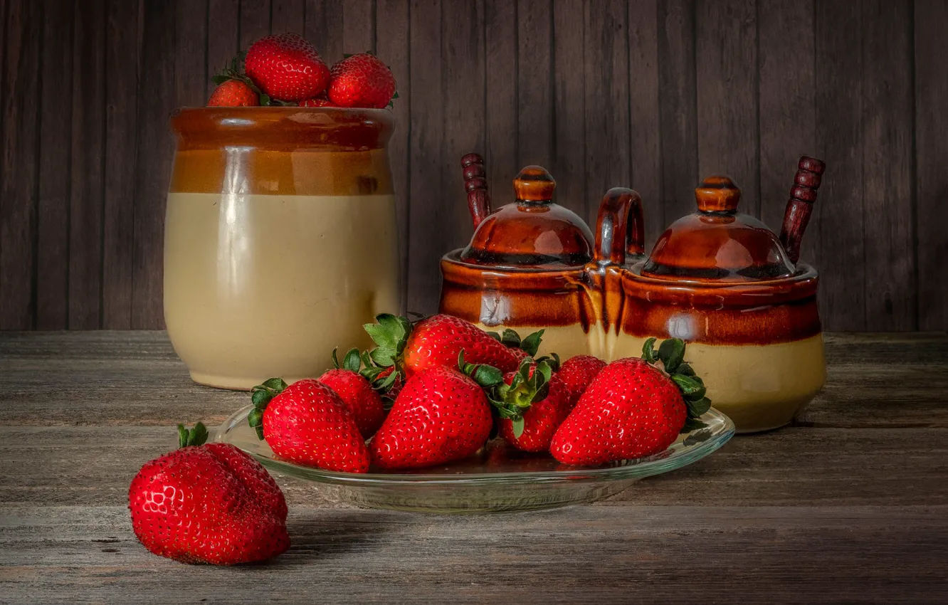 Photo wallpaper berries, table, Board, strawberry, plate, dishes, still life, composition