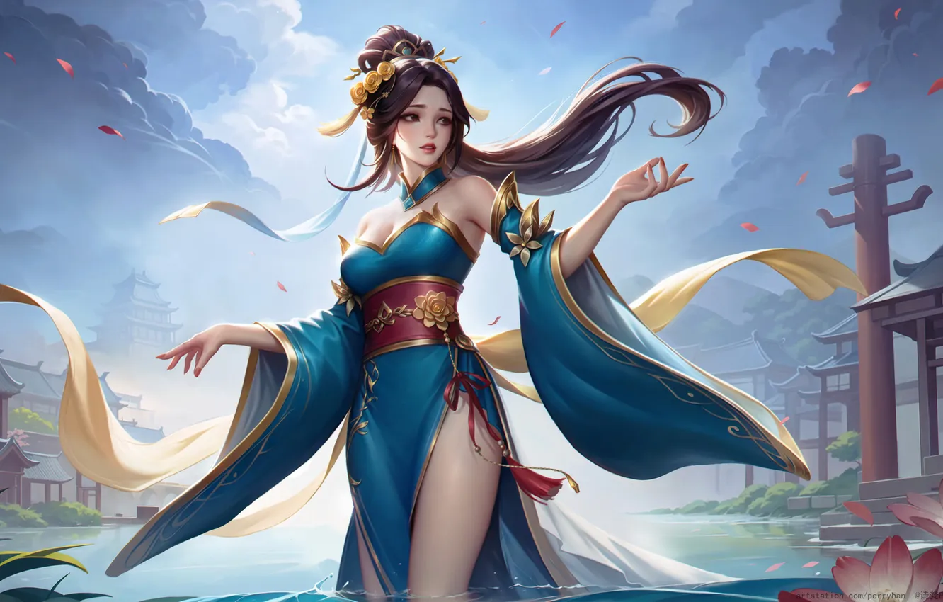 Photo wallpaper dress, women, petals, drawing, hair accessories, PerryHan Zhang