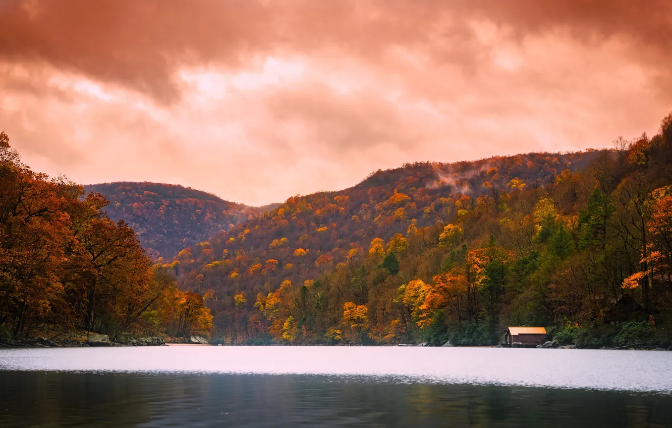 Photo wallpaper autumn, forest, trees, mountains, clouds, lake, stones, VA
