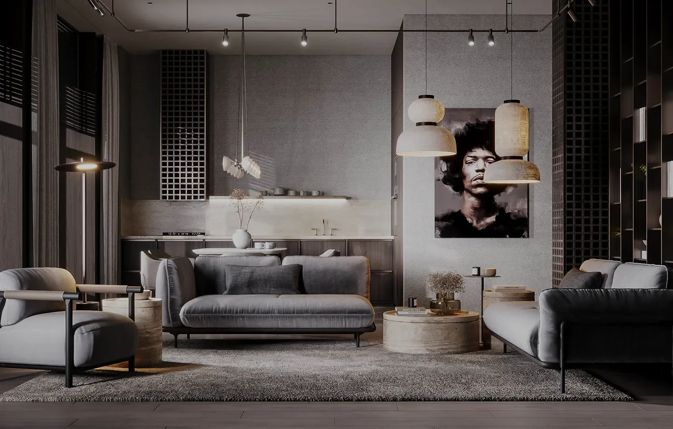 Photo wallpaper design, style, dark colors, interior, kitchen, living room, dining room