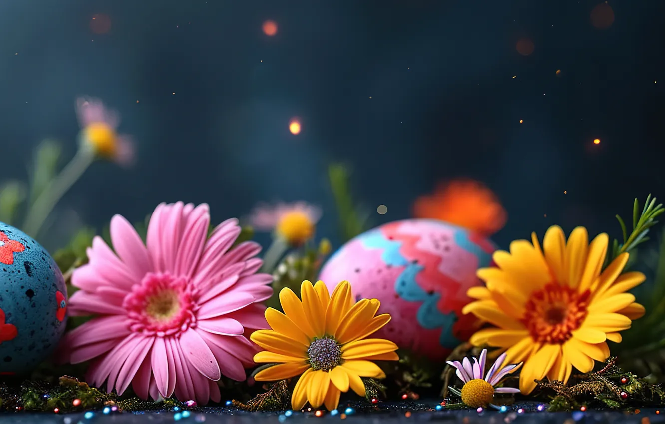 Photo wallpaper flowers, eggs, spring, colorful, Easter, flowers, spring, Easter