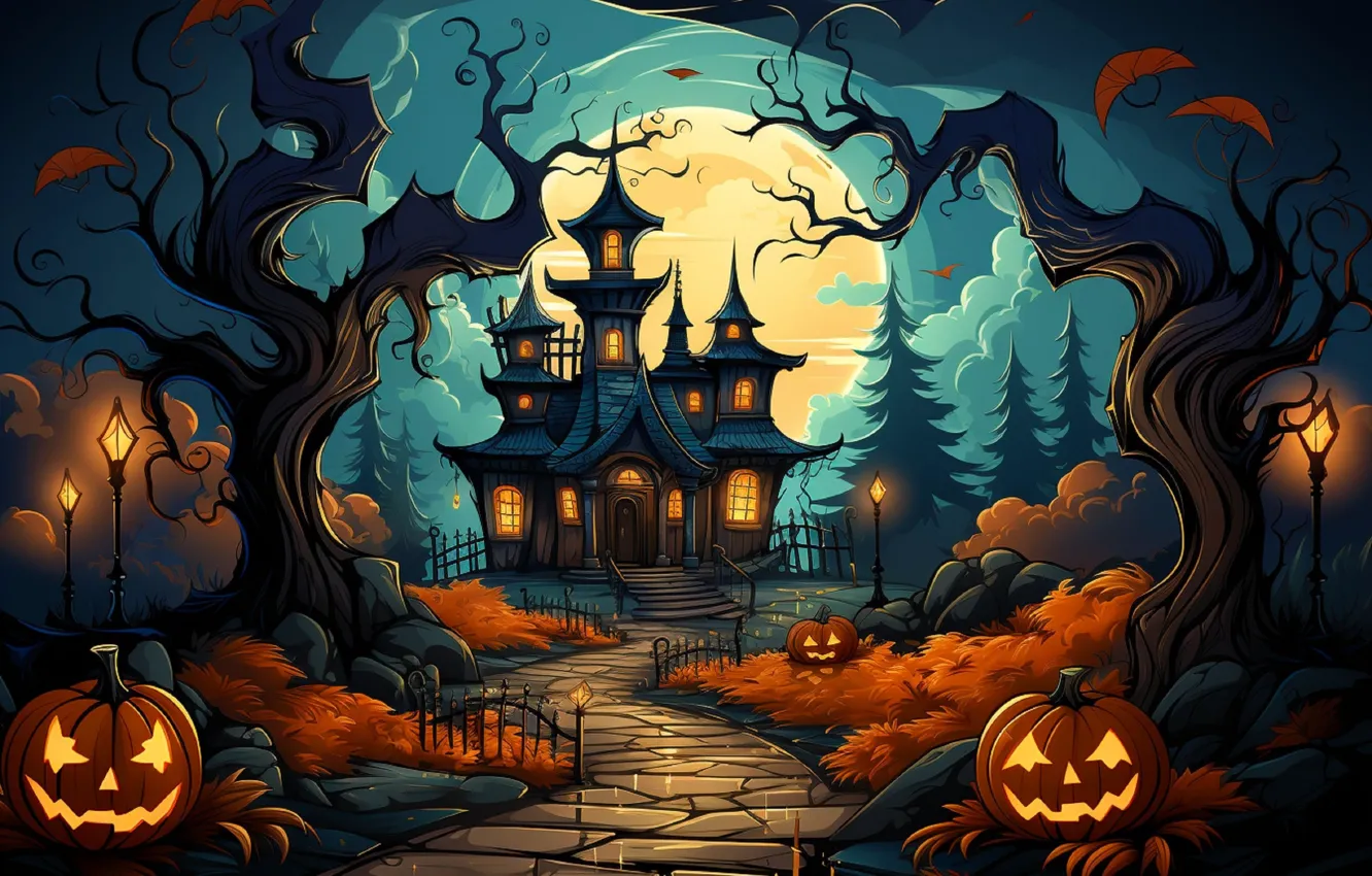 Photo wallpaper Lights, Night, Trees, The moon, Forest, House, Pumpkin, Halloween