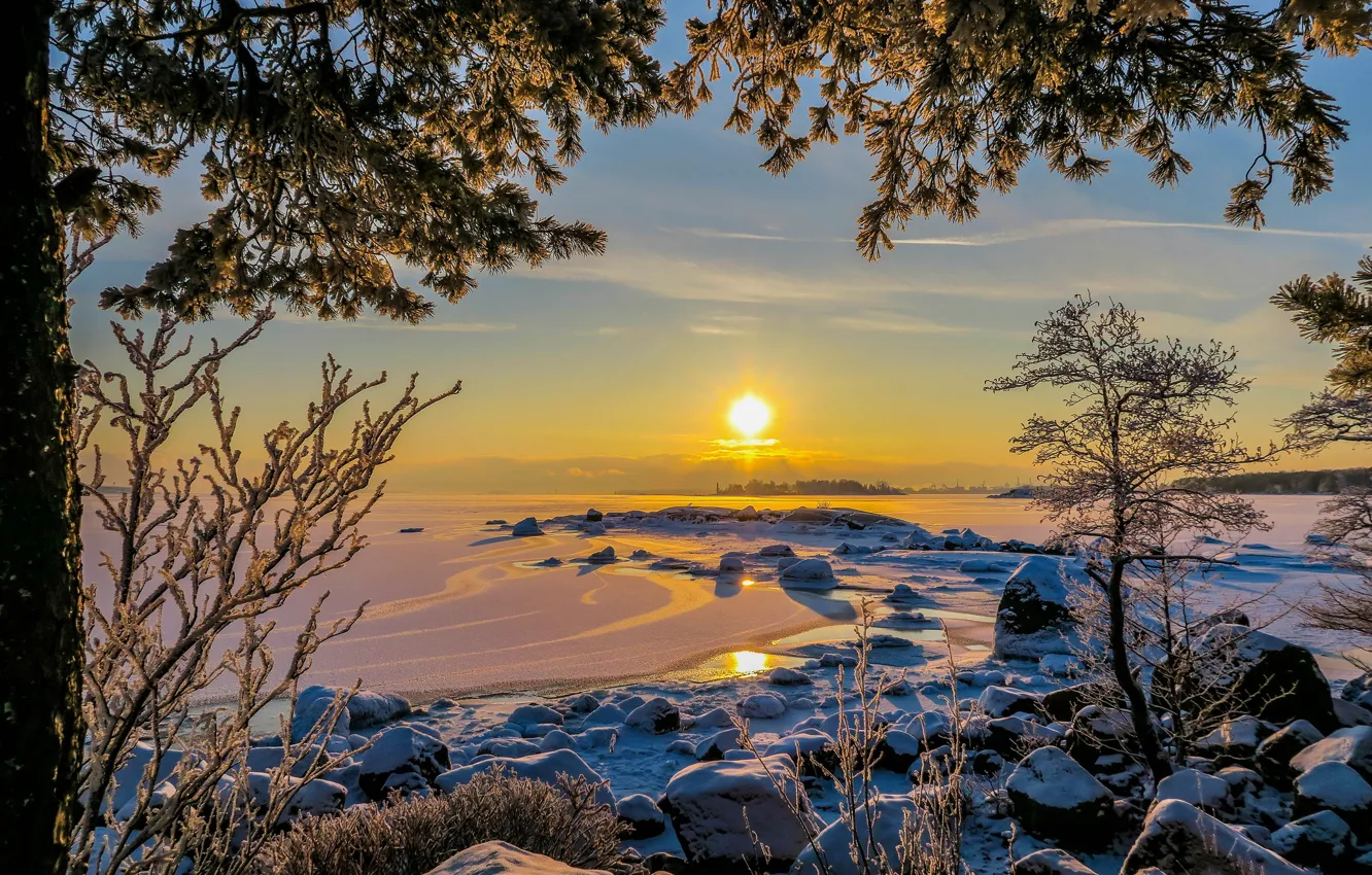 Photo wallpaper winter, landscape, sunset, nature, Finland, The Gulf of Finland, Kotka