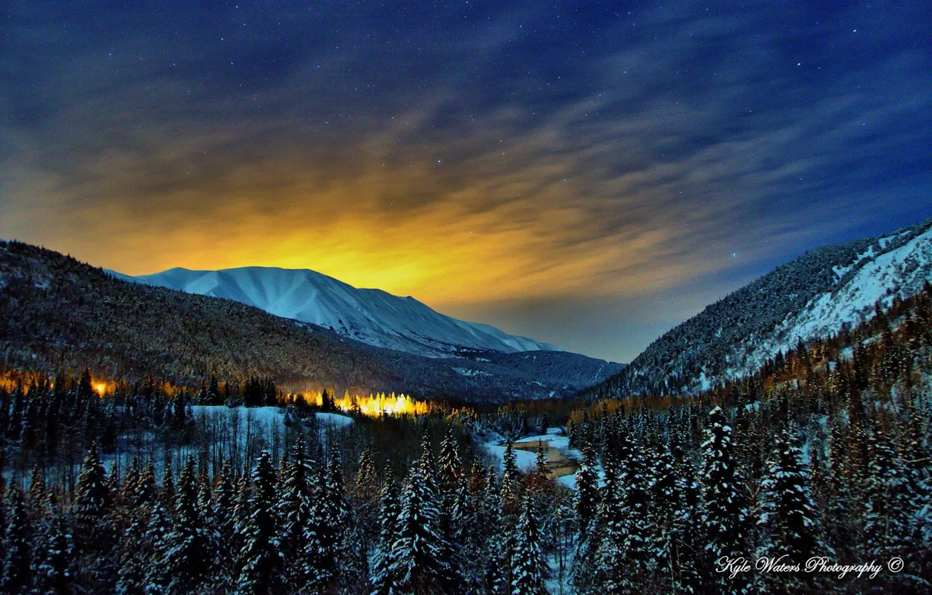 Photo wallpaper winter, forest, snow, landscape, night, Canada, glow