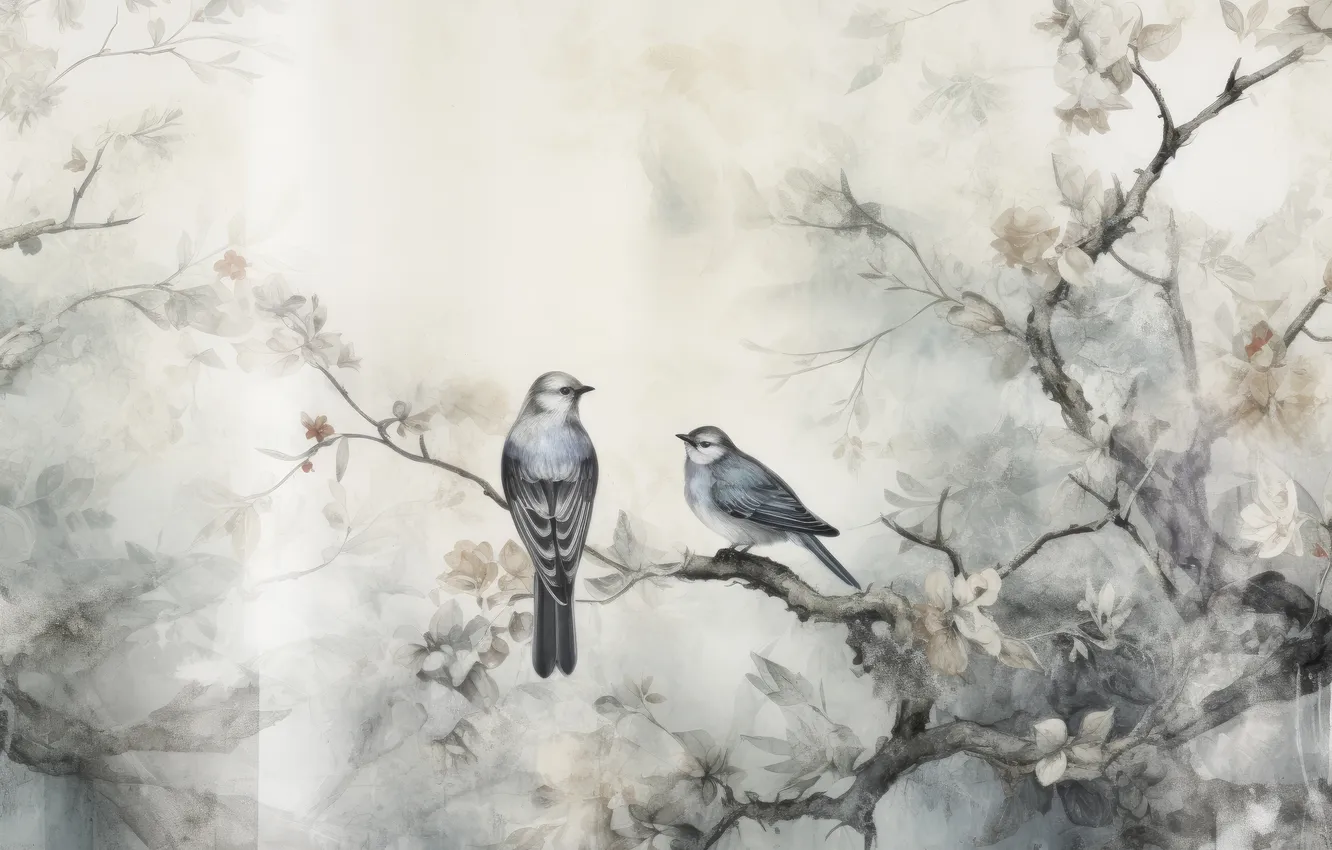 Photo wallpaper trees, flowers, branches, bird, spring, garden, watercolor, grey background