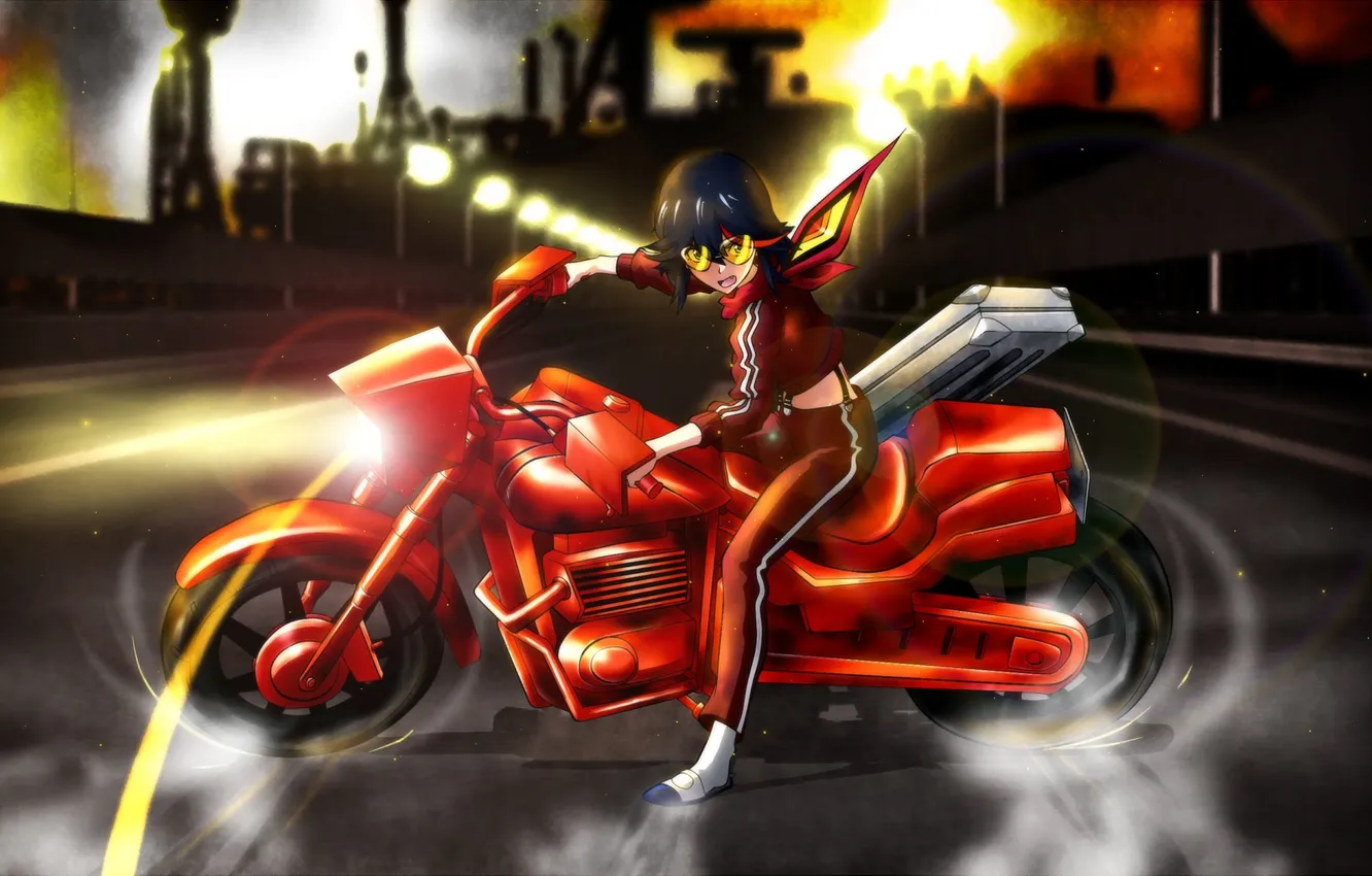 Photo wallpaper road, look, light, the city, glasses, motorcycle, anime, art