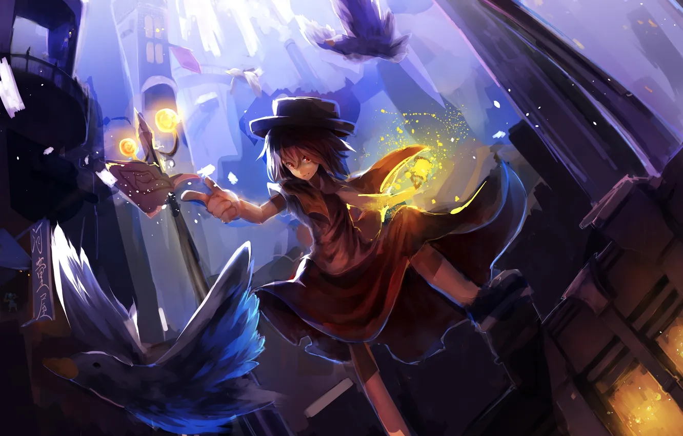 Photo wallpaper girl, the city, bird, home, hat, anime, art, lights