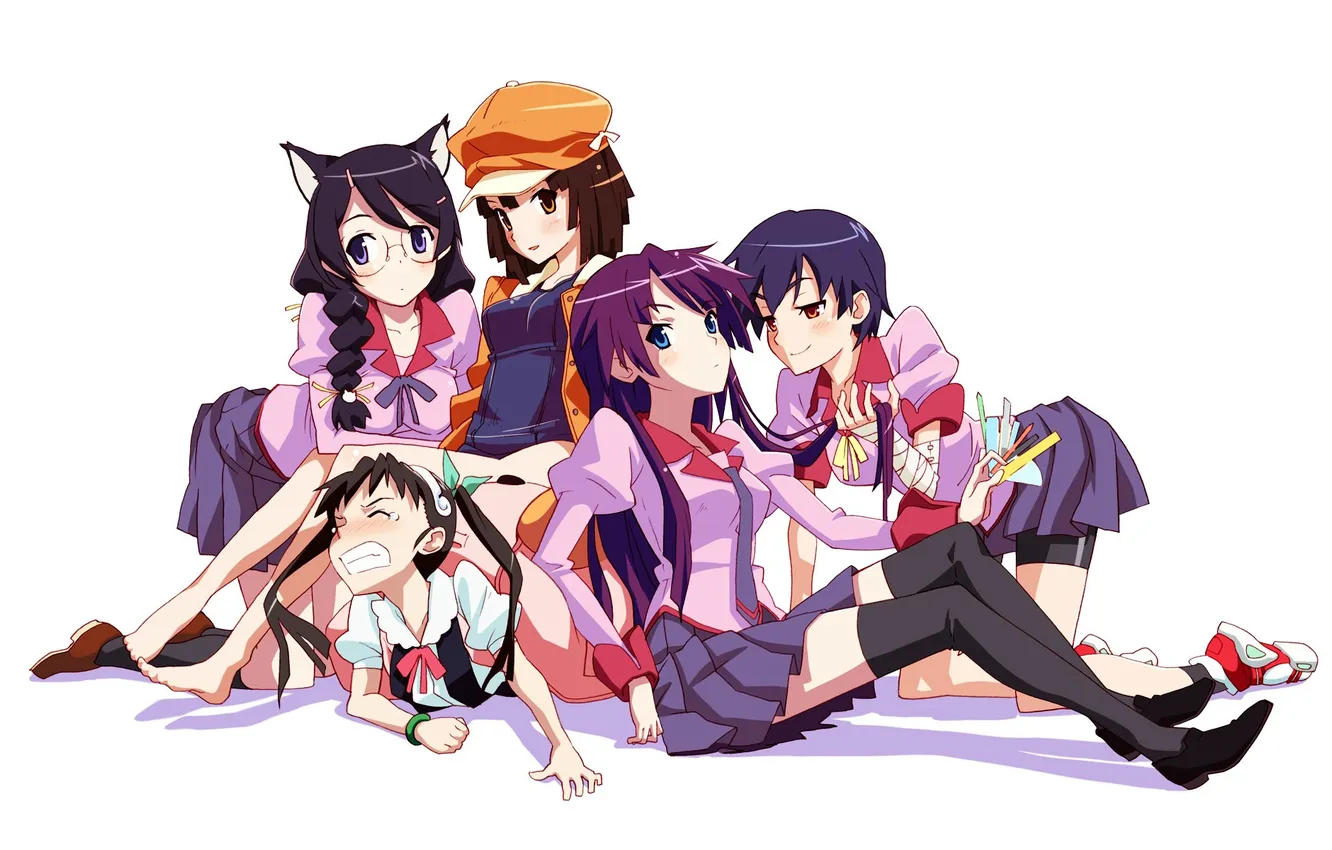 Photo wallpaper senjougahara hitagi, bakemonogatari, sengoku nadeko, hachikuji mayo believe, hanekawa tsubasa, kanbaru suruga, Monogatari (Series)