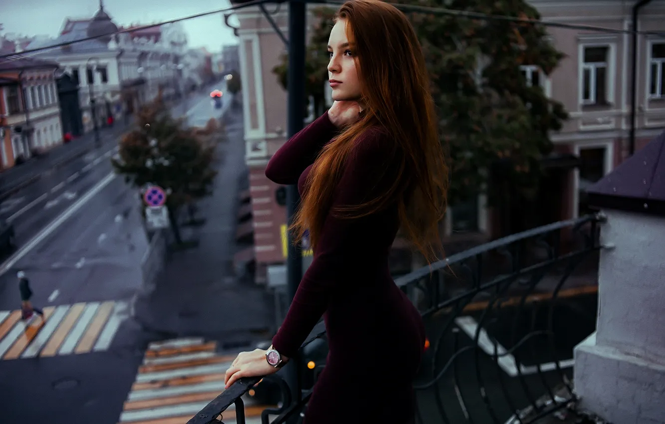 Photo wallpaper look, girl, the city, pose, street, model, makeup, dress