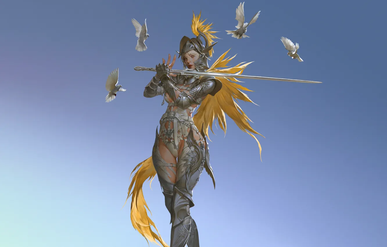 Photo wallpaper girl, bird, minimalism, sword, armor, warrior, pigeons, sword