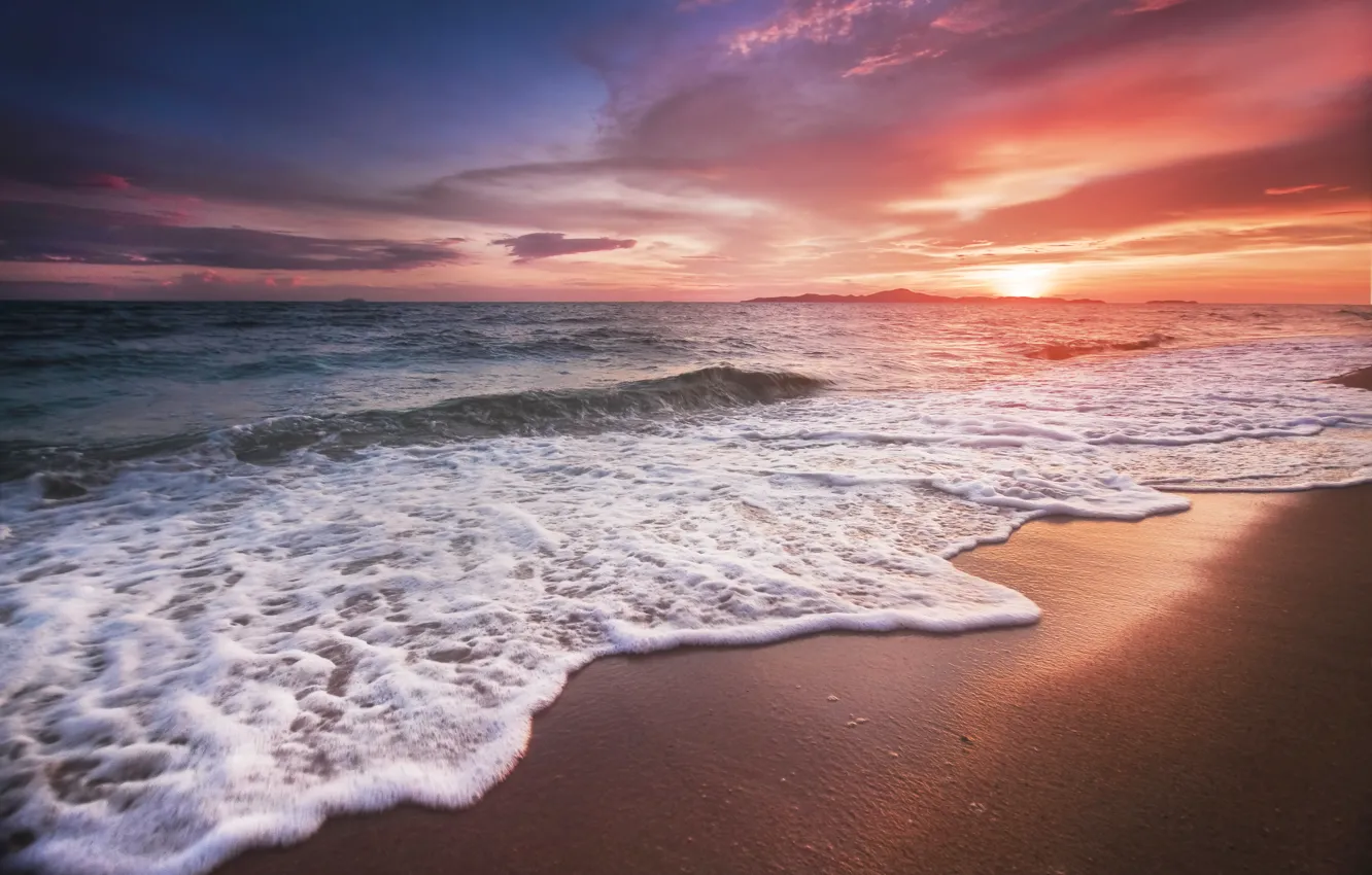 Photo wallpaper sea, beach, sunset, beach, sea, sunset, pink, seascape