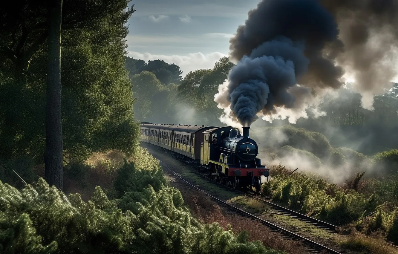Photo wallpaper trees, smoke, the engine, railroad, digital art, AI art, The Art of Artificial Intelligence, neural …