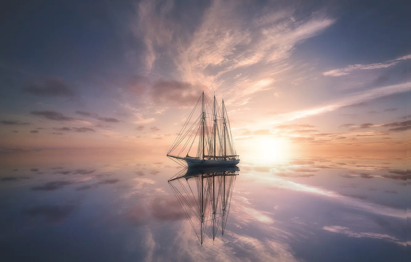 Photo wallpaper the sky, the sun, clouds, reflection, rendering, dawn, ship, sailboat