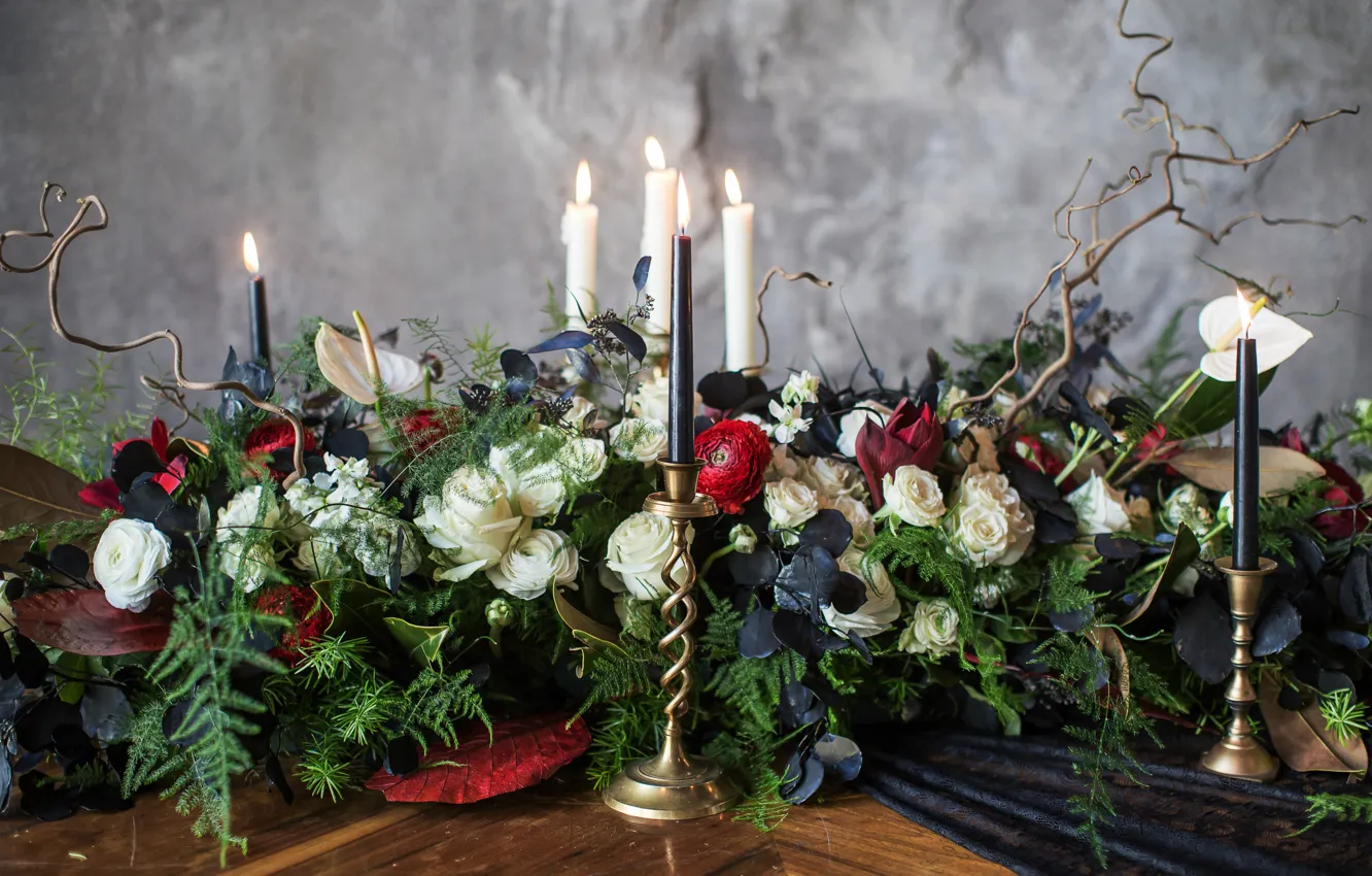 Photo wallpaper roses, candles, composition, Anthurium, Ranunculus