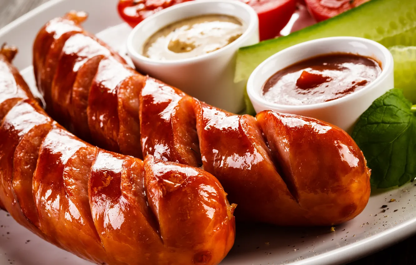 Photo wallpaper greens, sausage, ketchup, grill
