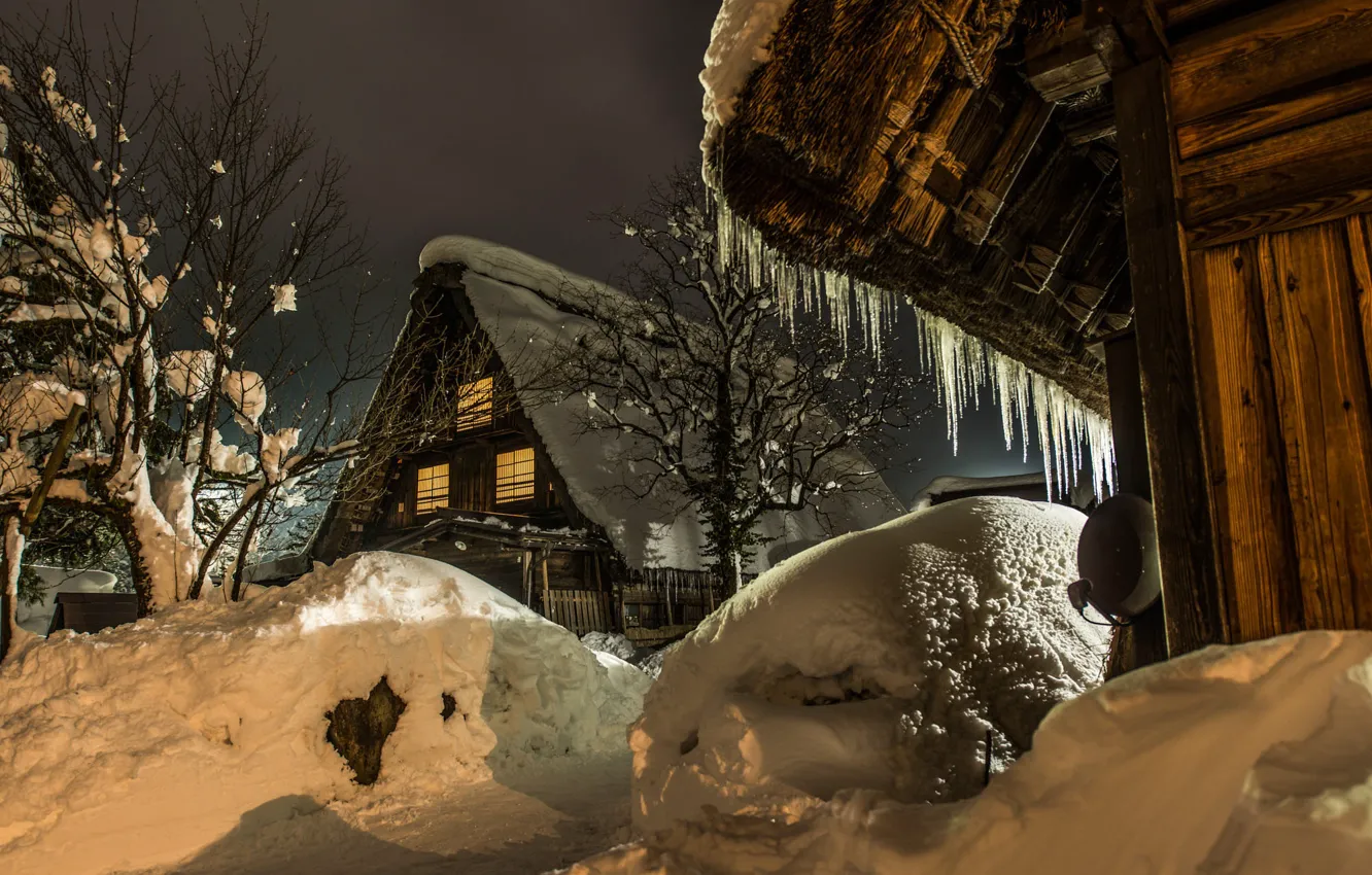 Photo wallpaper winter, snow, trees, landscape, nature, reflection, village, home