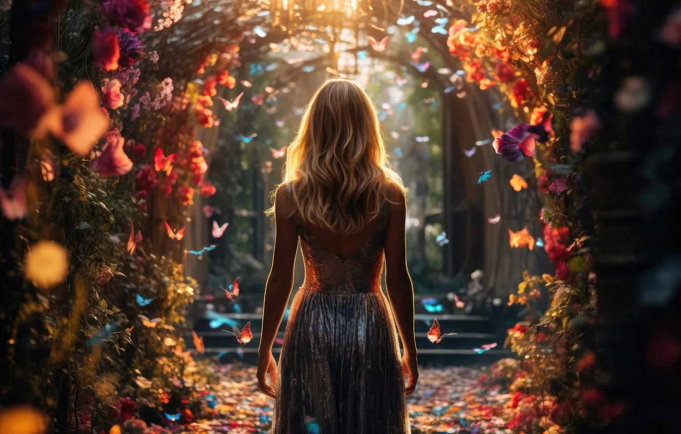 Photo wallpaper butterfly, the way, foliage, beauty, alley, eel, rays of light, back