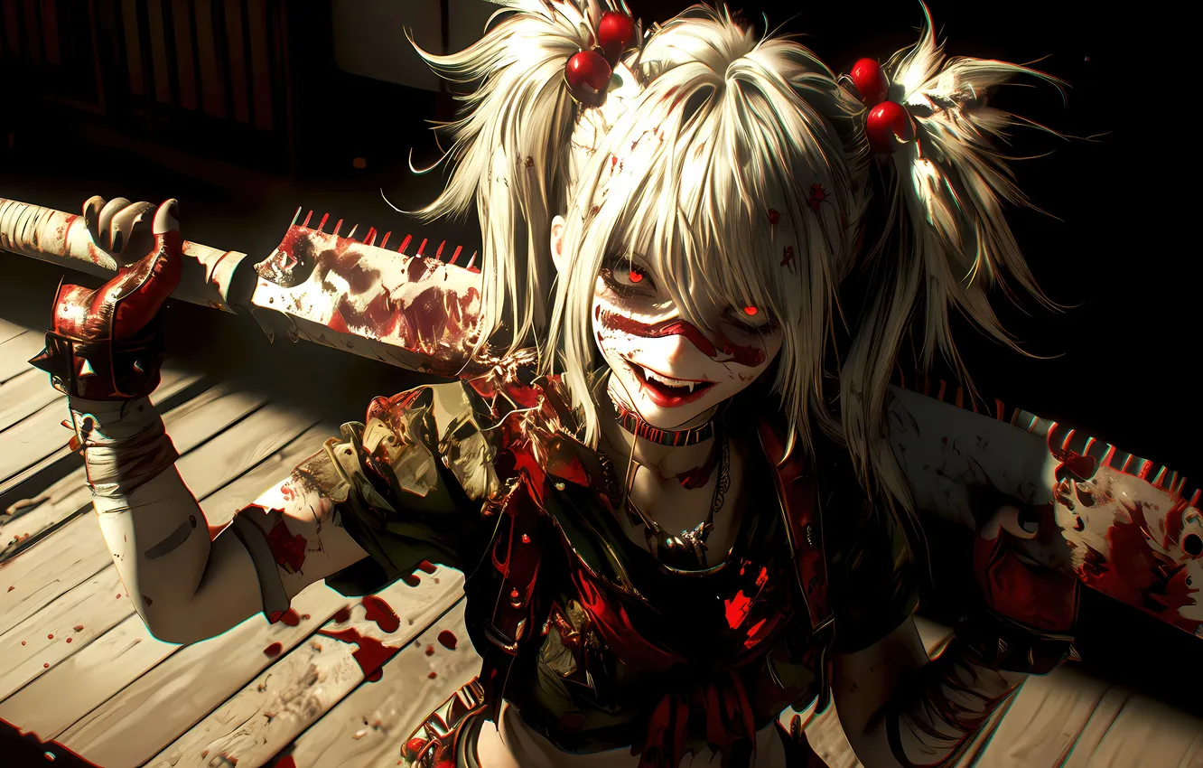 Photo wallpaper girl, sword, blood, game, weapon, anime, red eyes, ken