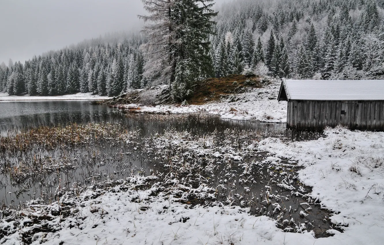 Photo wallpaper winter, snow, river, the barn, tree