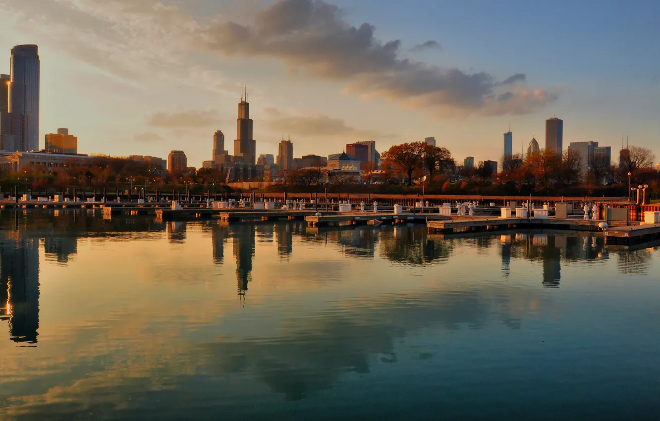 Photo wallpaper autumn, the city, Bay, skyscrapers, the evening, pier, Chicago, Chicago
