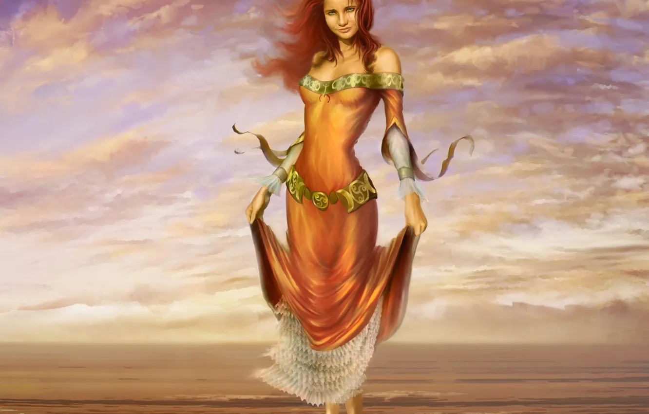 Photo wallpaper sea, the sky, water, girl, clouds, face, smile, feet