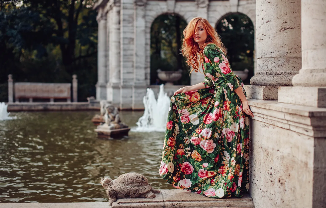Photo wallpaper girl, flowers, pose, pond, style, model, dress, fountain