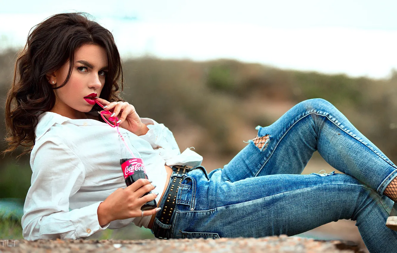 Photo wallpaper pose, Girl, jeans, lies, drink, Aleksandr Suhar