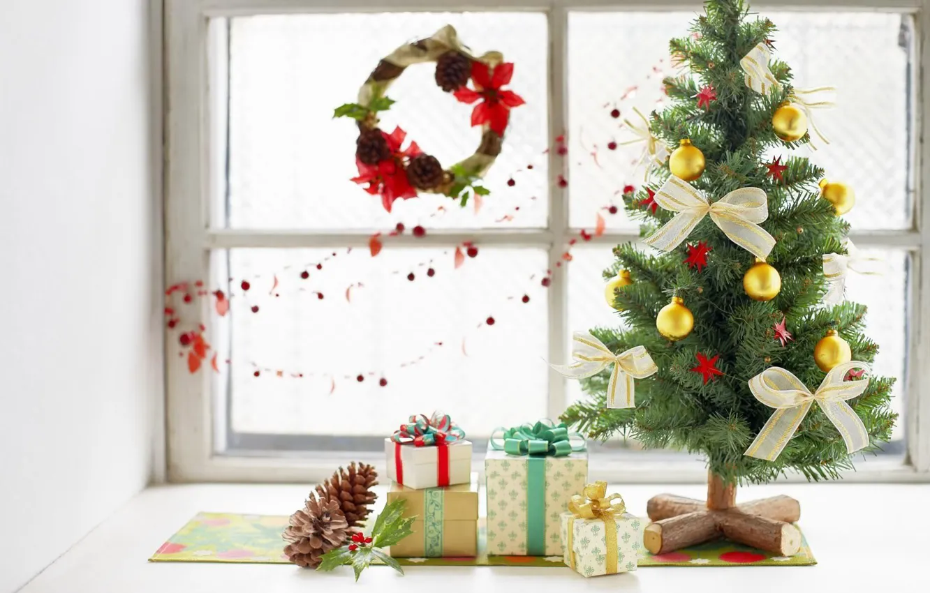 Photo wallpaper holiday, tree, new year, gifts, decoration, bow