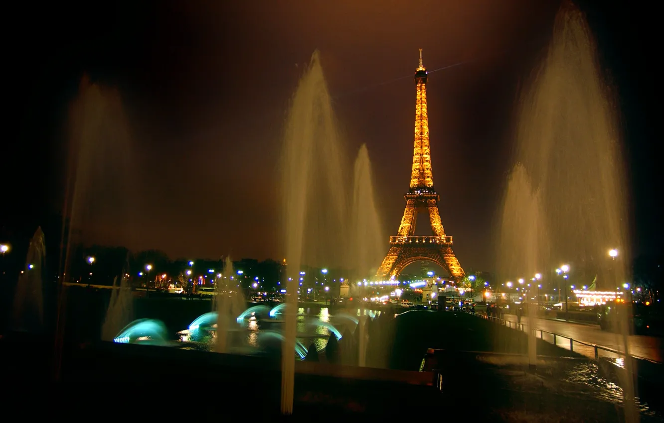 Photo wallpaper night, lights, tower, Paris, France, fountains, Eiffel
