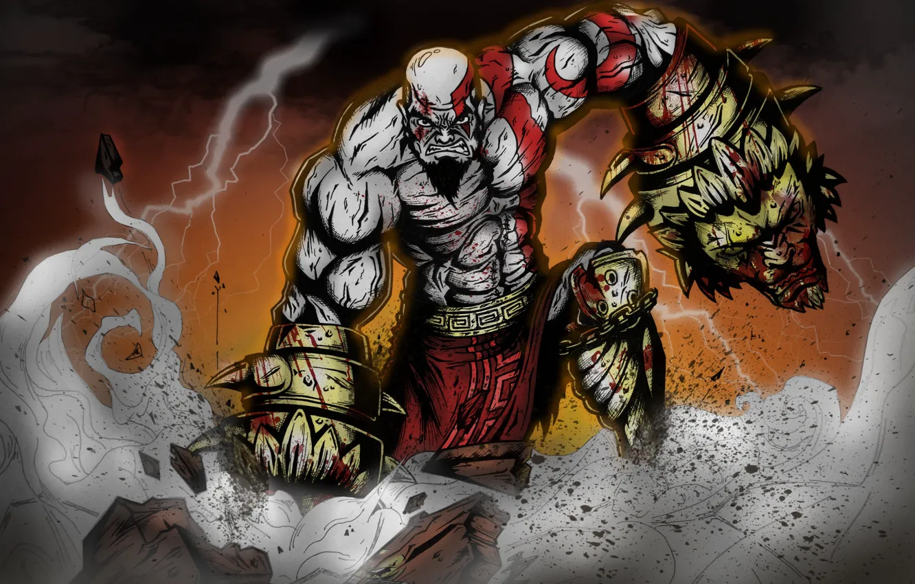 Photo wallpaper blood, game, demigod, weapon, Kratos, God of War, lion, man