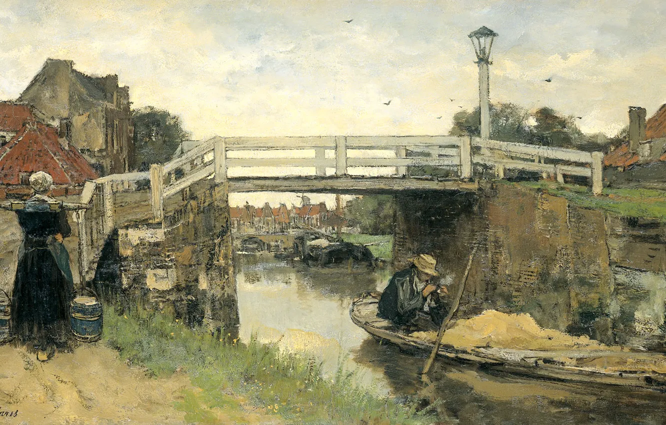 Photo wallpaper bridge, the city, boat, oil, picture, channel, canvas, Jacob Maris Hendrikus