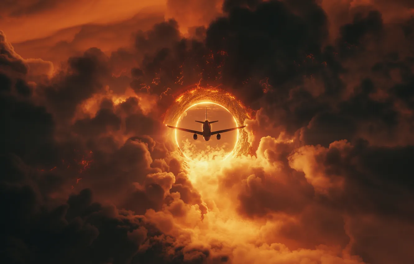 Photo wallpaper The plane, Flight, Clouds, Hurricane, The portal, AI art, The Art of Artificial Intelligence, Neural …