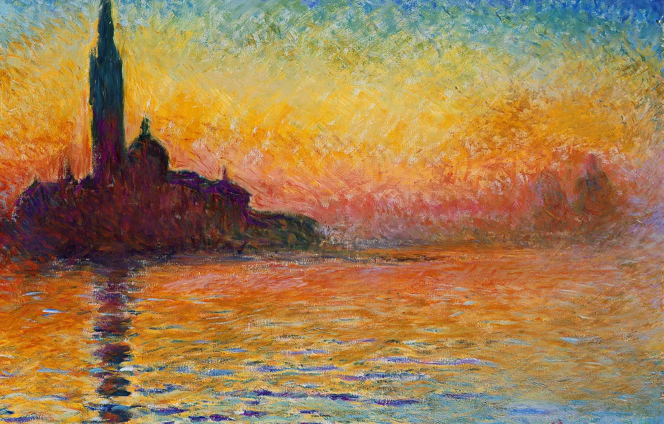 Photo wallpaper sea, the sky, landscape, tower, picture, Church, Venice, Claude Monet