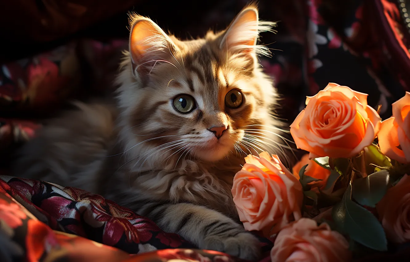 Photo wallpaper cat, cat, look, pose, face, AI art, neural network