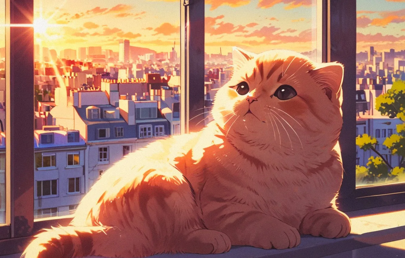 Photo wallpaper cat, the sky, look, glass, the sun, clouds, rays, light