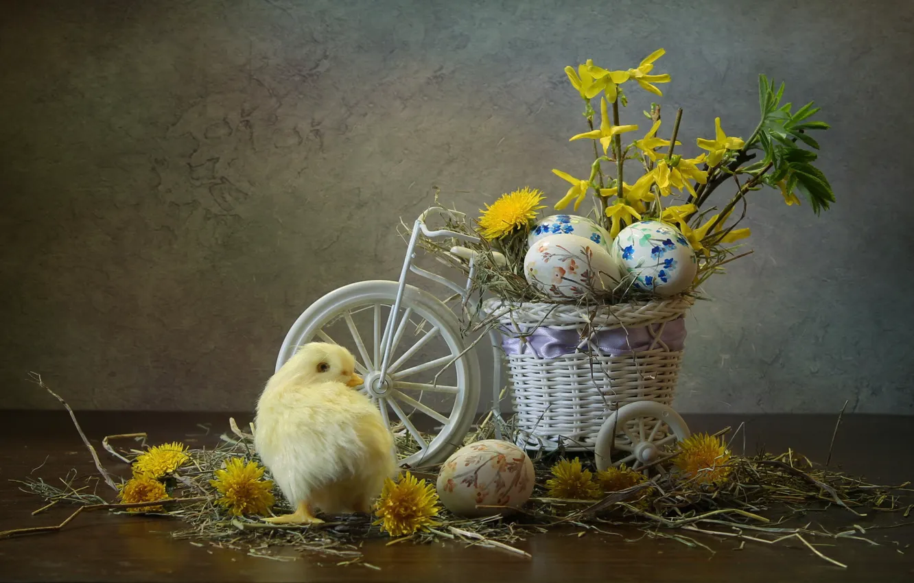 Photo wallpaper flowers, bike, holiday, eggs, Easter, hay, dandelions, chicken