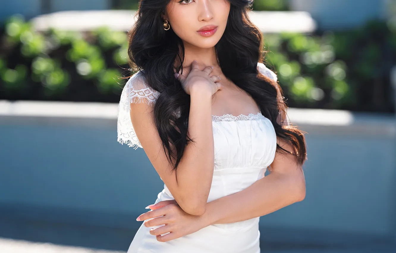 Photo wallpaper look, pose, dress, brunette, blurred background, Ni Pham