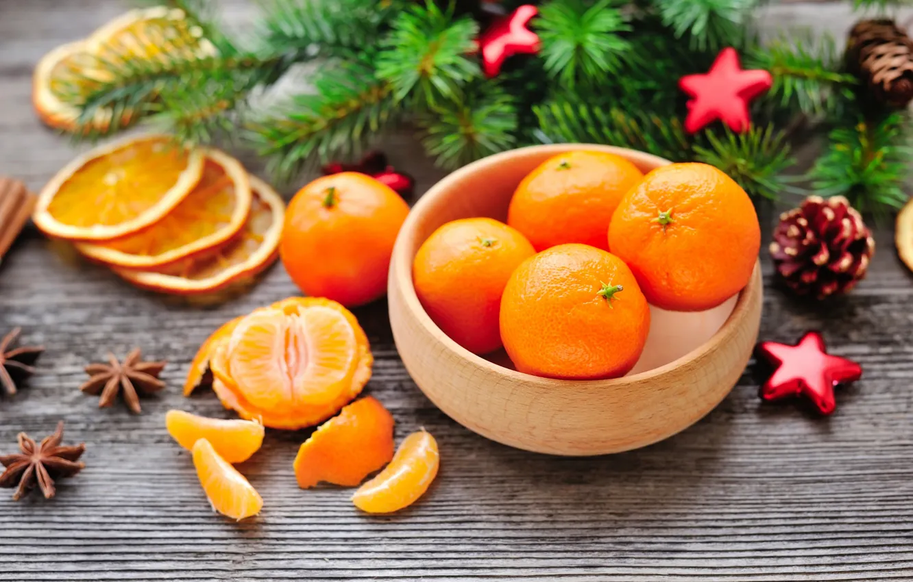 Photo wallpaper holiday, toys, star, new year, cinnamon, citrus, carnation, tangerines