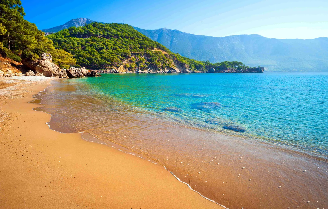 Photo wallpaper sand, wave, beach, the sky, clouds, trees, landscape, mountains
