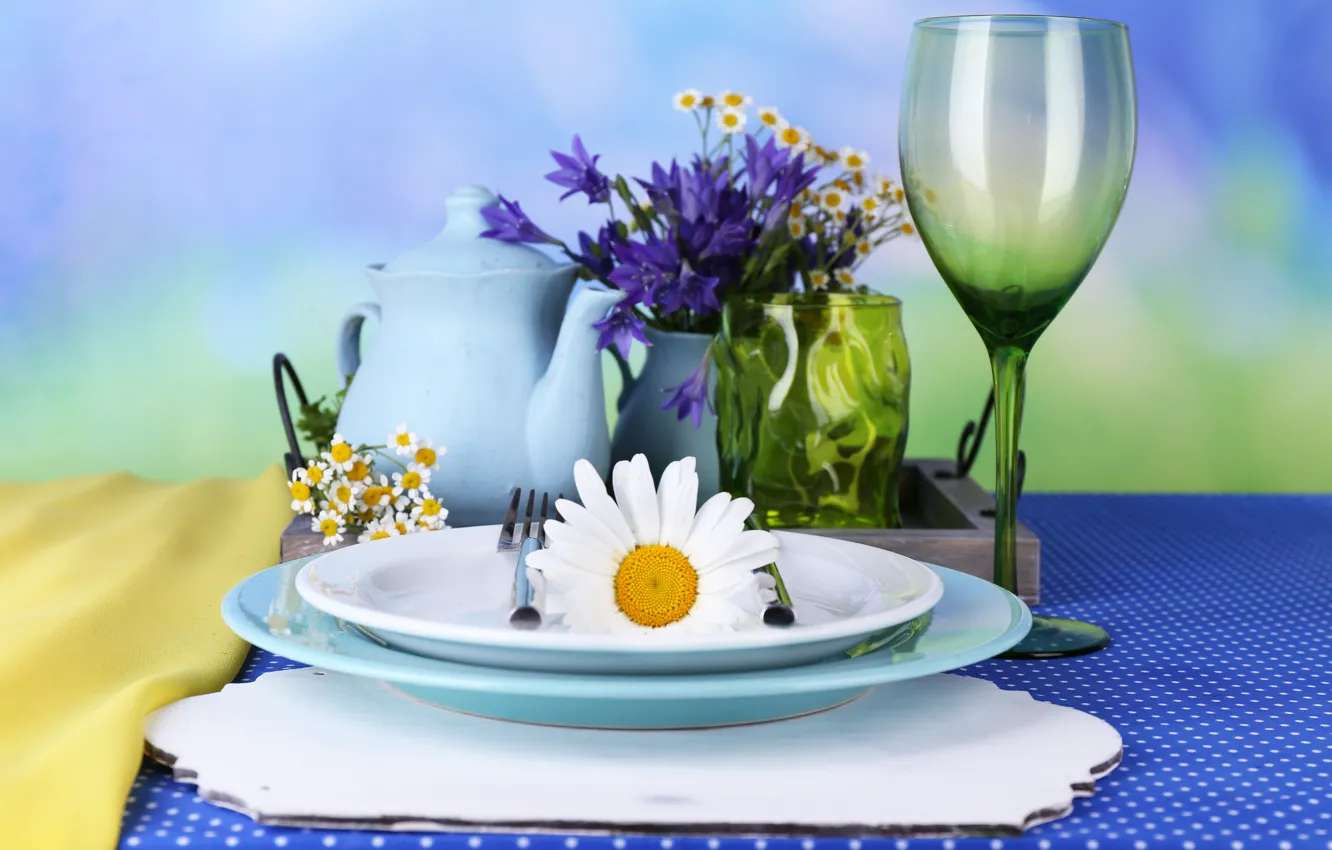 Photo wallpaper flowers, chamomile, dishes, cornflowers