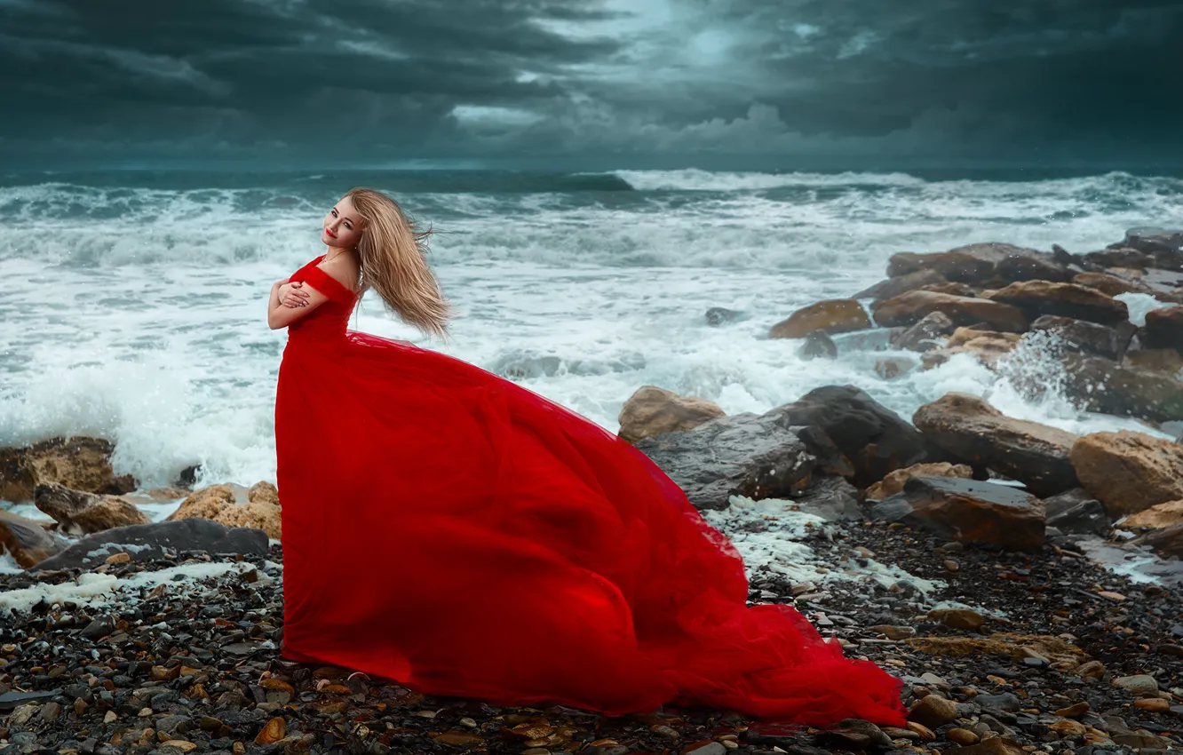 Photo wallpaper sea, wave, girl, storm, pose, stones, mood, the situation