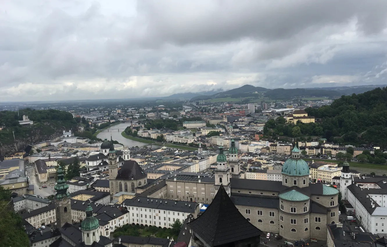 Photo wallpaper clouds, river, overcast, building, home, Austria, panorama, river