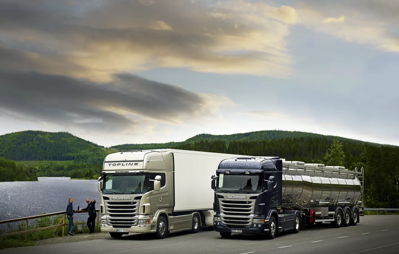 Photo wallpaper Nature, Lake, Trees, Hills, Trucks, Scania, Scania, Highline