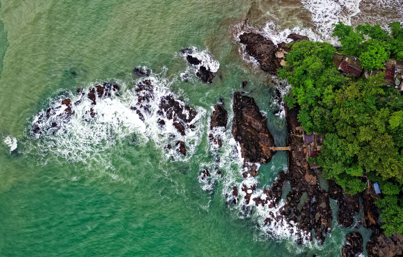 Photo wallpaper sea, coast, bridge, rocks, tide, islands, aerial view