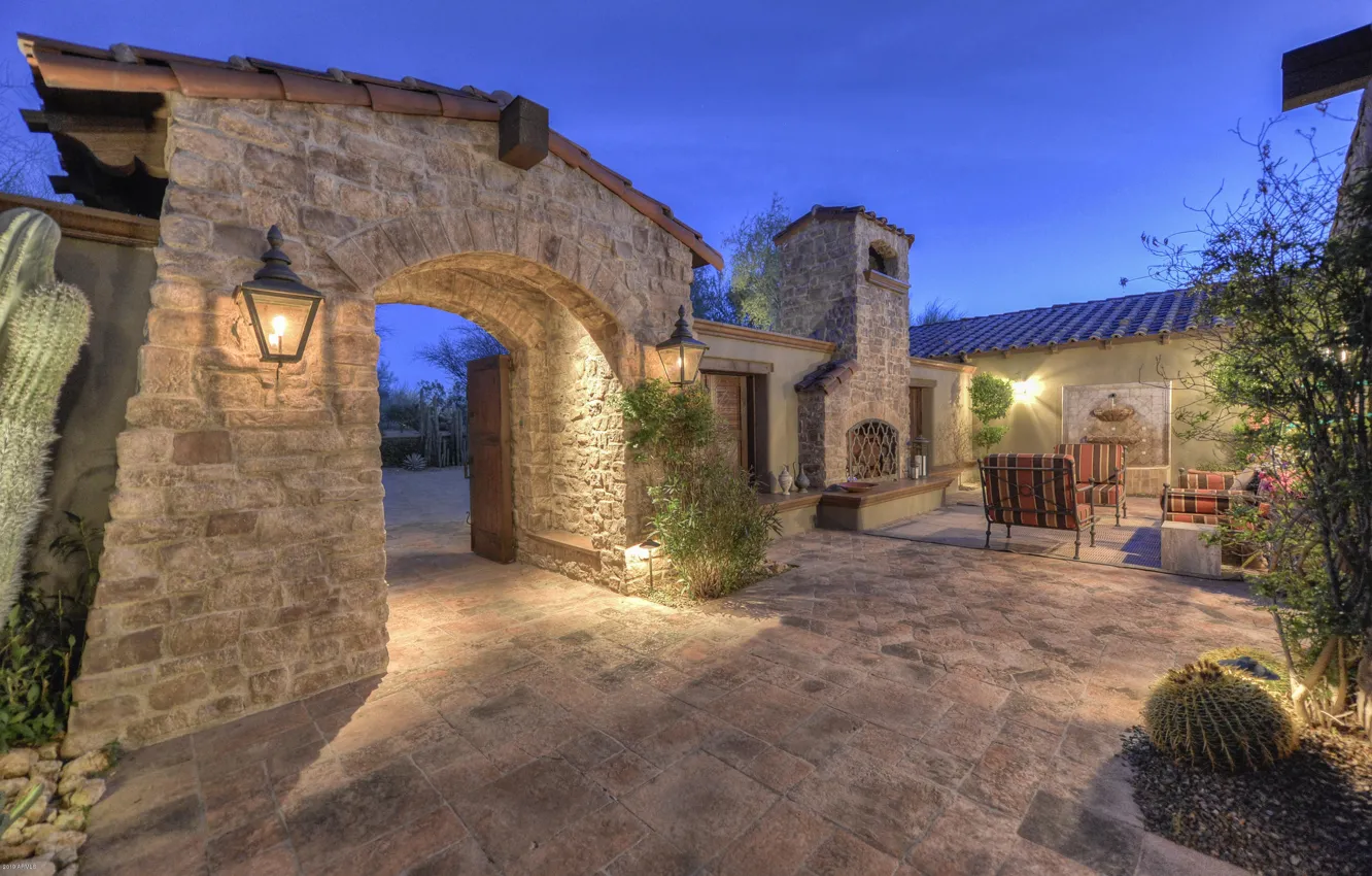 Photo wallpaper Villa, the evening, gate, lighting, lights, AZ, architecture, Scottsdale
