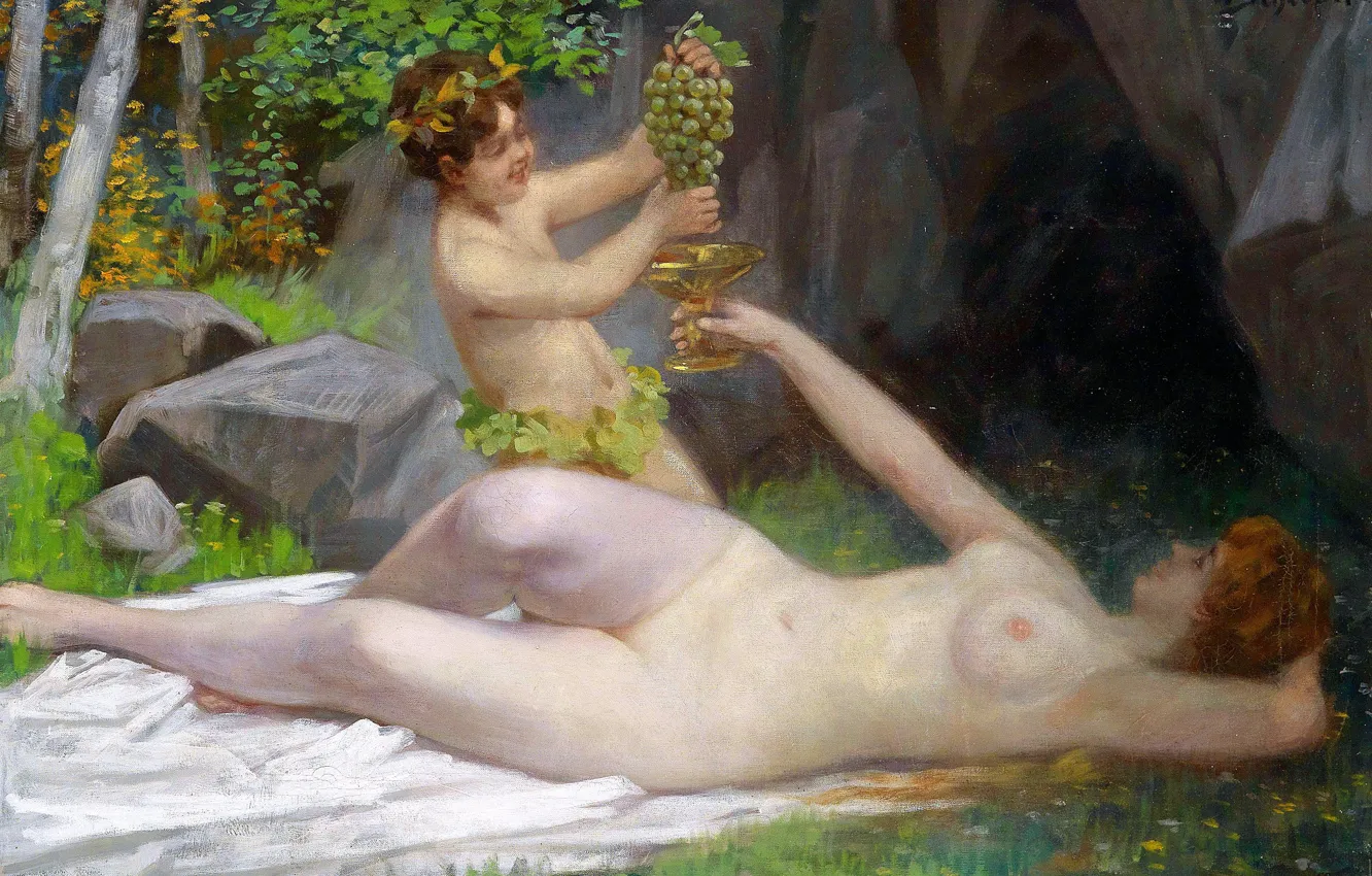 Photo wallpaper woman, naked, picture, grapes, two, Victor Shivert, Forest nymph and young Bacchus, Romanian artist